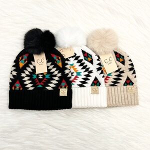 Kids C.C Aztec Pattern Pom Beanie, Winter Hats, Premium Hats, Warm Cozy Beanies